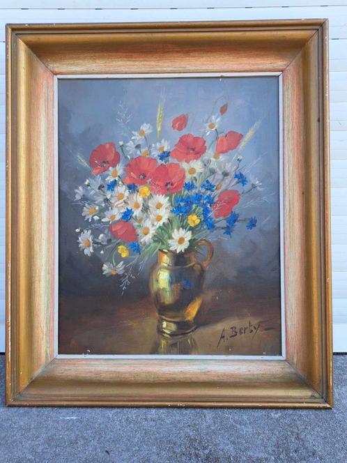 huile sur toile fleur signe anne berty, Antiek en Kunst, Kunst | Schilderijen | Klassiek, Ophalen of Verzenden