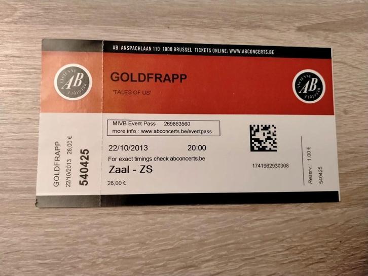 Ticket concert Goldfrapp@AB Bruxelles 22 octobre 2013, Collections, Musique, Artistes & Célébrités, Utilisé, Autres types, Enlèvement