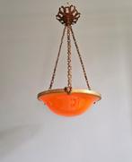 Art Deco kroonluchter, brons/messing en oranje opaline,1920, Antiek en Kunst, Ophalen of Verzenden