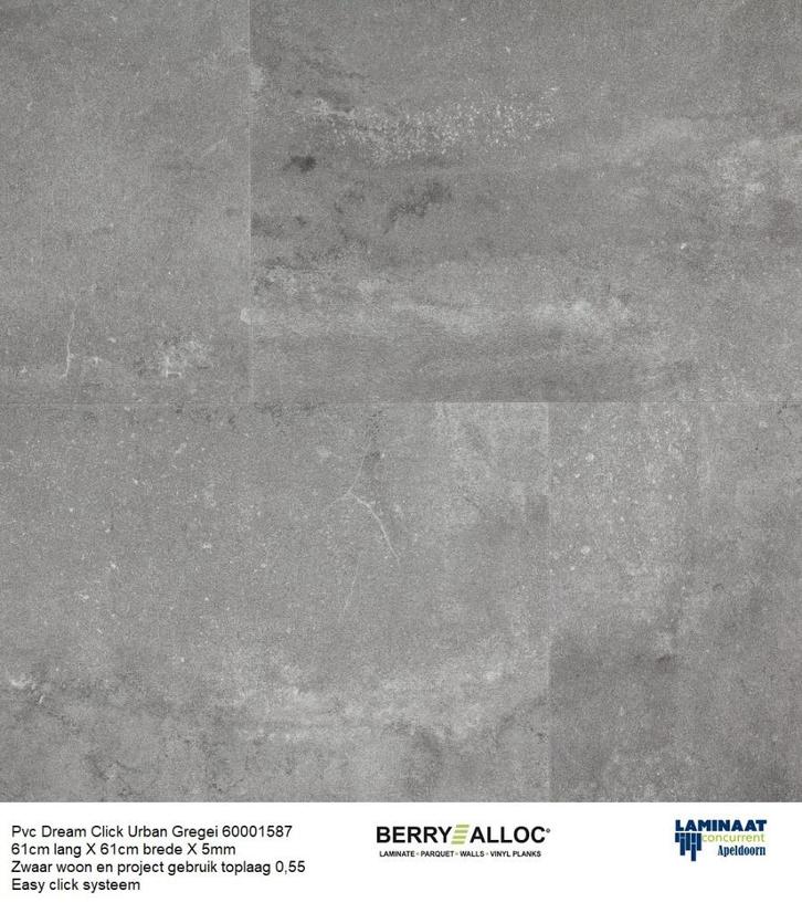 Pvc Dream Click Urban Gregei 61cm lang X 61cm brede €29,95m2, Huis en Inrichting, Stoffering | Vloerbedekking, Nieuw, Laminaat
