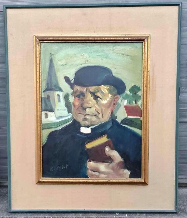 Huile sur panneau cure signe robert colot, Antiek en Kunst, Kunst | Schilderijen | Klassiek, Ophalen of Verzenden