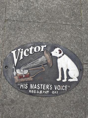 Plaque , fronton en fonte patinée his master's voice (gramop