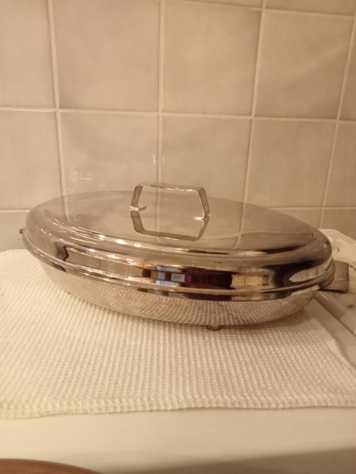 ovale serveerschaal, verzilverd + pyrex, 26x40cm, Antiek en Kunst, Antiek | Zilver en Goud, Zilver, Ophalen of Verzenden