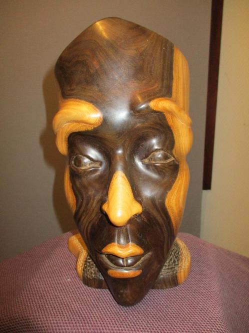EBBENHOUTEN MASKER OP VOET HANDGEMAAKT UIT EEN STUK, Antiek en Kunst, Kunst | Niet-Westerse kunst, Ophalen of Verzenden