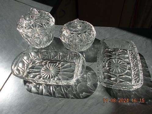 Set van 2 Vintage glazen potjes en botervlootje- Reims, Huis en Inrichting, Keuken | Servies, Zo goed als nieuw, Schaal of Schalen
