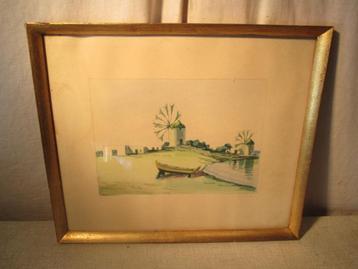 Mooi Geschilderd Aquarel 'Windmolens bij de Zee' - gesign. beschikbaar voor biedingen