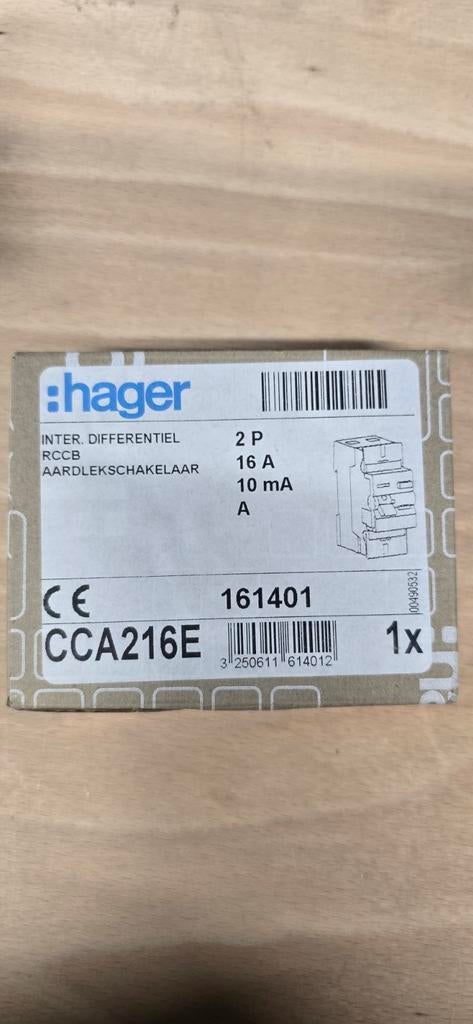 Hager CCA216E diffautomaat 2P 16A 10mA ongebruikt, Bricolage & Construction, Électricité & Câbles, Enlèvement ou Envoi