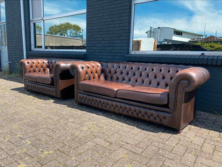 Chesterfield 3+2 zit zetels bruin gevlamd GRATIS GELEVERD, Huis en Inrichting, Zetels | Voetbanken en poefs, Leer, Ophalen of Verzenden