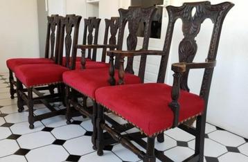 Zes gesneden eiken eetkamerstoelen Firma Edward Roberts 1890 beschikbaar voor biedingen