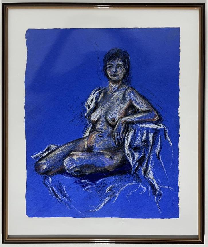 Pastelkrijt tekening op blauwe achtergrond, Antiek en Kunst, Kunst | Tekeningen en Fotografie, Ophalen of Verzenden