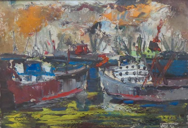 JACK GODDERIS / BOTEN IN HAVEN / OLIEVERF / 47x58cm KADER, Antiquités & Art, Art | Peinture | Moderne, Enlèvement ou Envoi