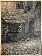 Tekening begijnhof Brugge, zwarte kat, Antiek en Kunst, Kunst | Etsen en Gravures, Ophalen of Verzenden