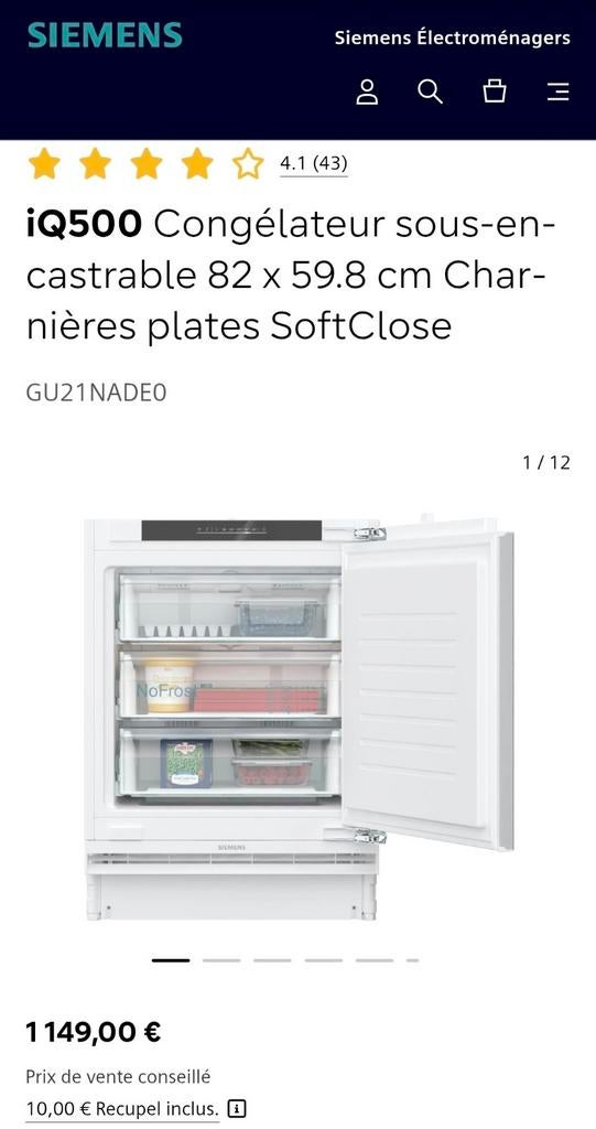 Congélateur intégrable SIEMENS 82cm NEUF, Electroménager, Neuf, Congélateur, Classe énergétique A ou plus économe, Encastré