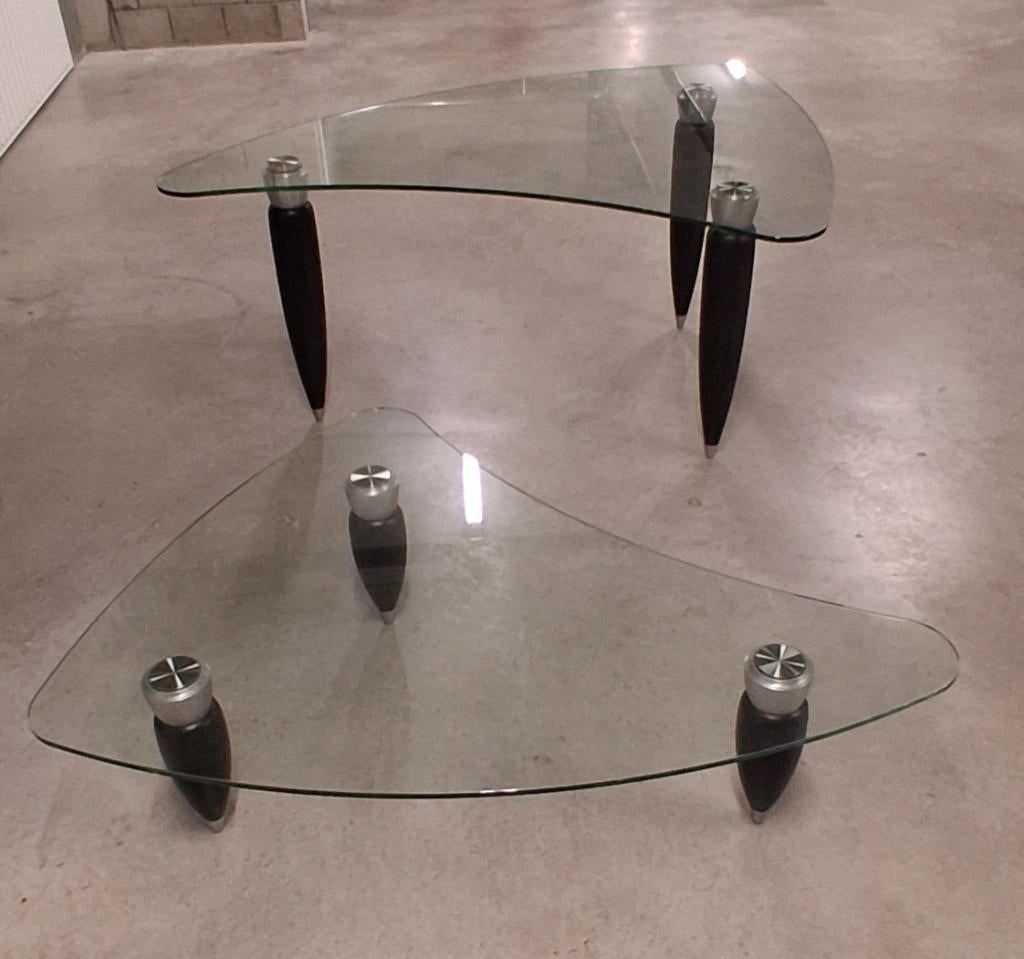 2 Moderne “Noguchi‑style” salontafels met drie houten poten, Maison & Meubles, Enlèvement, Utilisé, Verre, Modern noguchi stijl  mid-century