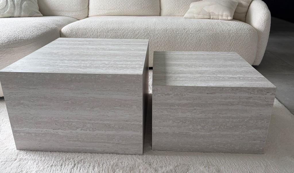 Table basse 58x58 et 50x50 couleur travertin, Maison & Meubles, Enlèvement, Comme neuf, Carré, Travertin