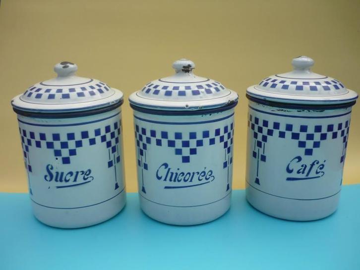 Drie mooie vintage emaille potten/Lustucru-decor, Antiek en Kunst, Curiosa en Brocante, Verzenden