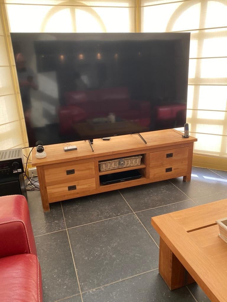 Massief teak TV-meubel 166 cm – geschikt voor grote tv’s, Ophalen, 150 tot 200 cm, Teakhout, Zo goed als nieuw