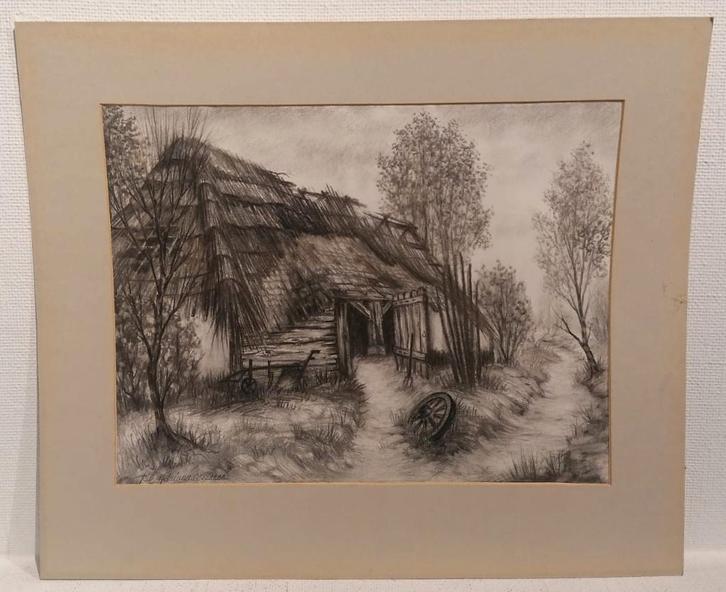 Houtskool op papier gesigneerd - Rustieke boerderij, Antiek en Kunst, Kunst | Tekeningen en Fotografie, Ophalen