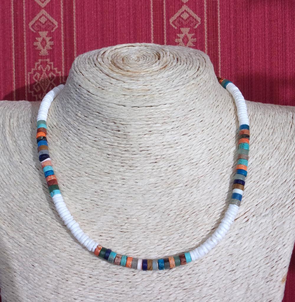 Indiaanse halsketting met turquoise ringen en lapis Surfer, Handtassen en Accessoires, Kettingen, Nieuw, Zilver, Wit, Met edelsteen