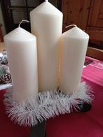 Kaarsen op smeedijzeren kandelaar-drie nieuw-1kort gebruikt., Diversen, Kerst, Ophalen, Gebruikt