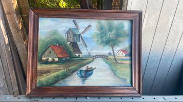 Ancienne peinture tableau cour d’eau moulin 1947 beschikbaar voor biedingen