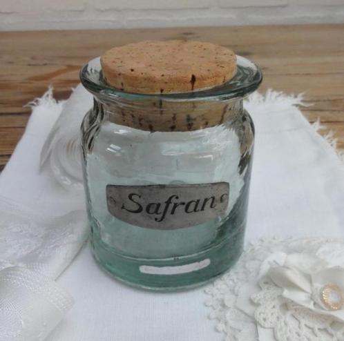 Franse glazen pot met tinnen schildje: Safran (Saffraan), Antiek en Kunst, Curiosa en Brocante, Ophalen of Verzenden