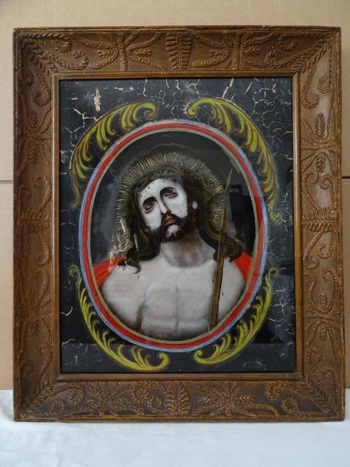 Tableau ancien Jésus Jesus 1850 peint sous verre 55x65cm, Antiquités & Art, Antiquités | Objets religieux, Enlèvement ou Envoi