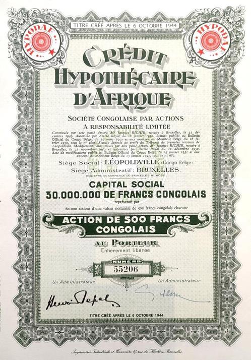 Crédit Hypothécaire d'Afrique (Belgisch Congo) 1951, Postzegels en Munten, Aandelen en Waardepapieren, Aandeel, 1950 tot 1970