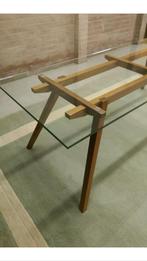 Eettafel of werktafel hout met glazen blad, Huis en Inrichting, Glas, Gebruikt, Rechthoekig, Ophalen