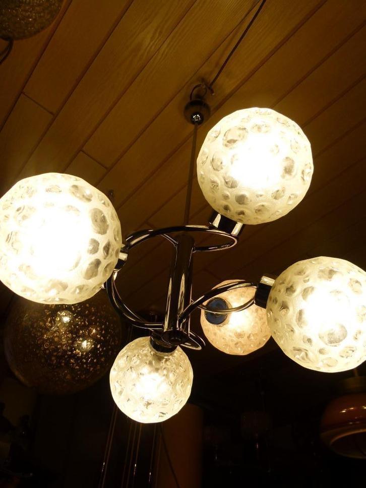 vintage Atomic luster hanglamp chrome 60er, Huis en Inrichting, Lampen | Hanglampen, Zo goed als nieuw, 75 cm of meer, Glas, Metaal
