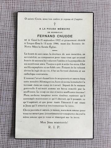 Oorlogsslachtoffer F.Cnudde Gent +Duitsland 1944 WOII, Envoi, Image pieuse