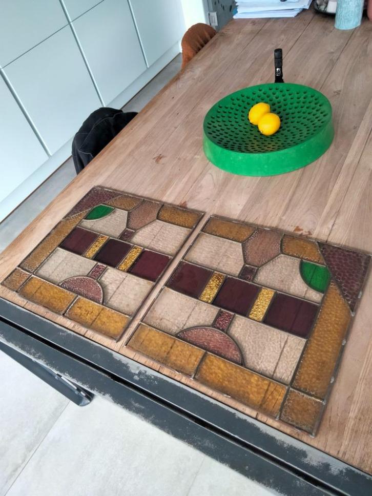 koppel Art Deco glas in lood kunst geometrisch, Antiek en Kunst, Antiek | Glaswerk en Kristal, Ophalen