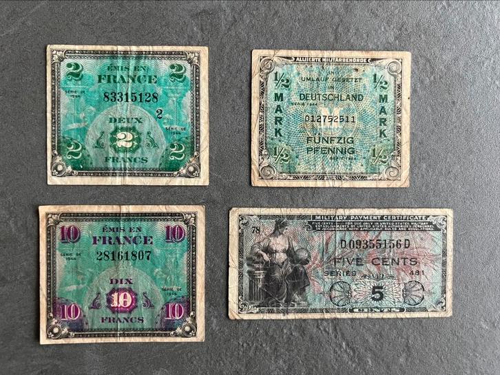 4 bankbiljetten uit WW2 van de geallieerde strijdkrachten, Postzegels en Munten, Bankbiljetten | Europa | Niet-Eurobiljetten, Los biljet