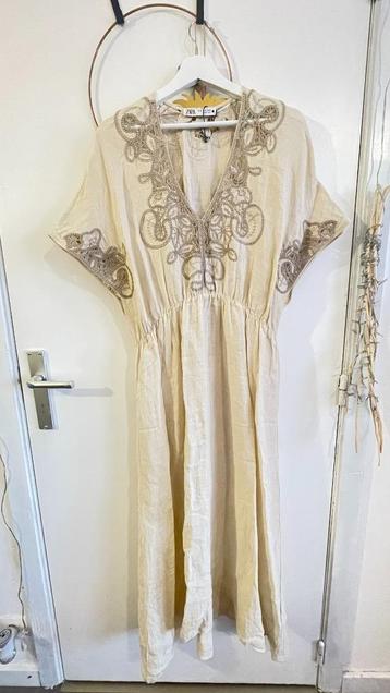 Zara Linen Blend Dress With Embroidery Sand ( s/m ) beschikbaar voor biedingen
