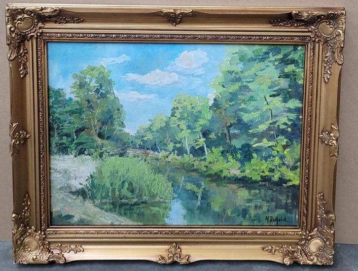 Henri DELFELD, rivierlandschap, Antiek en Kunst, Kunst | Schilderijen | Klassiek, Ophalen of Verzenden