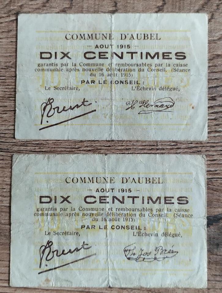 2x 10 centimes Aubel (2 handtekeningen) 1915 - Noodgeld, Verzamelen, Militaria | Algemeen, Overige soorten, Kunstobject, Ophalen of Verzenden