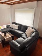Donkerblauwe lederen hoekzetel  - 3m20 - met longchair, Ophalen, Gebruikt, Leer