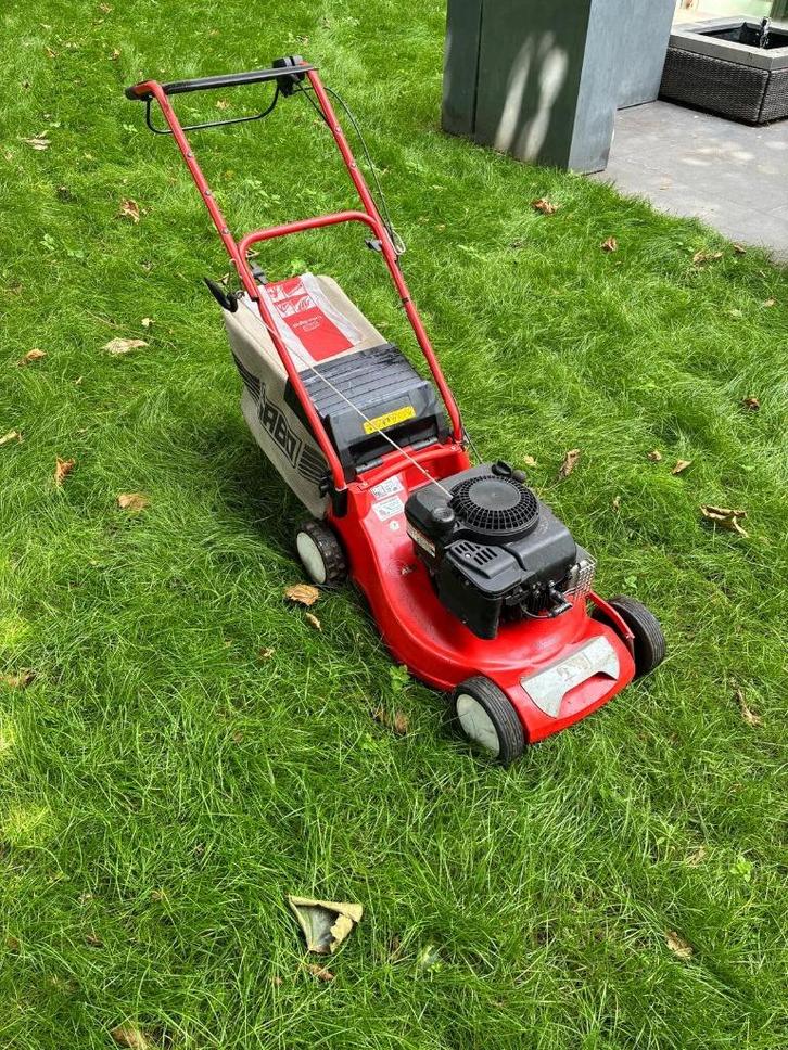 SABO 47‑A Economy grasmaaier – benzine – werkt goed, Tuin en Terras, Grasmaaiers, Gebruikt, Benzine-grasmaaier, 40 t/m 49 cm, Cirkelmaaier