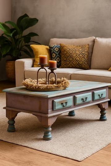 Vintage salontafel in India stijl met lades beschikbaar voor biedingen