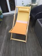 2  geel-oranje strandstoelen, verstelbaar, Tuin en Terras, Tuinstoelen, Gebruikt, Hout, Ophalen, Verstelbaar