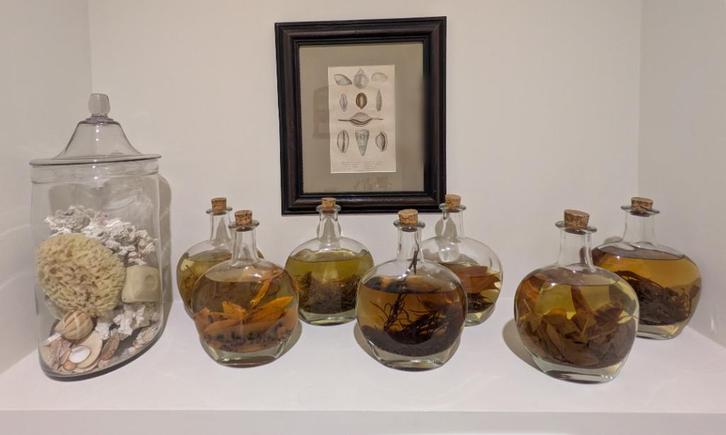 Decoratieve glazen flessen met kruiden/bladeren op alcohol, Antiek en Kunst, Antiek | Glaswerk en Kristal, Ophalen