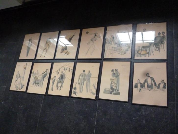 12 tekeningen Massonet kleurtekeningen Champagne, Antiek en Kunst, Curiosa en Brocante, Ophalen