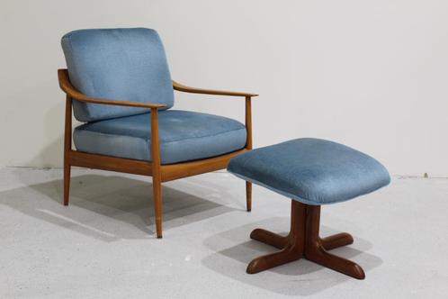 Vintage design fauteuil met voetenbank - Knoll Antimott, Maison & Meubles, Fauteuils, Utilisé, Bois, Tissus, 75 à 100 cm, Moins de 75 cm