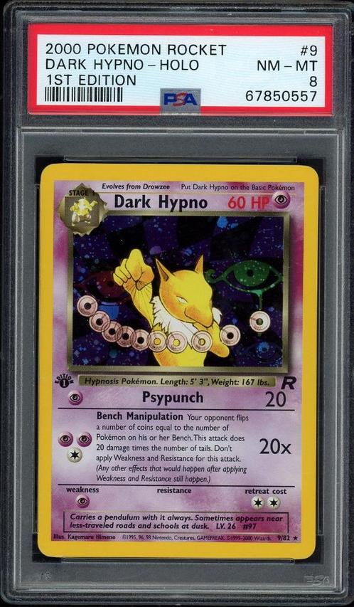 Dark Hypno Holo 1st Edition PSA 8 - 9/82 - Team Rocket 2000, Hobby en Vrije tijd, Verzamelkaartspellen | Pokémon, Zo goed als nieuw