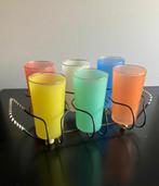 6 vintage retro gekleurde pastel glazen limonade in rekje, Ophalen