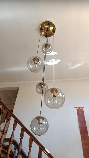 Vintage hal luster met 5 bollen, Enlèvement, Verre