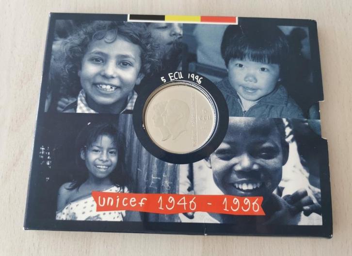 Box 5 ECU BE (zilver) - BELGIË - 50 jaar UNICEF, Postzegels en Munten, Munten | België, Setje, Zilver, Zilver, Ophalen of Verzenden