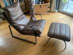 Leren relaxfauteuil met bijpassende voetenbank van Sarah Mo, Gebruikt, Metaal, Vintage, 75 tot 100 cm