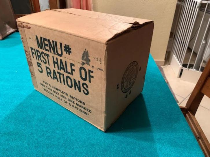 Zoek kartonnen doos rantsoen ons eerste halve menu 4 us WW2, Verzamelen, Militaria | Tweede Wereldoorlog, Landmacht, Kist of Geocache