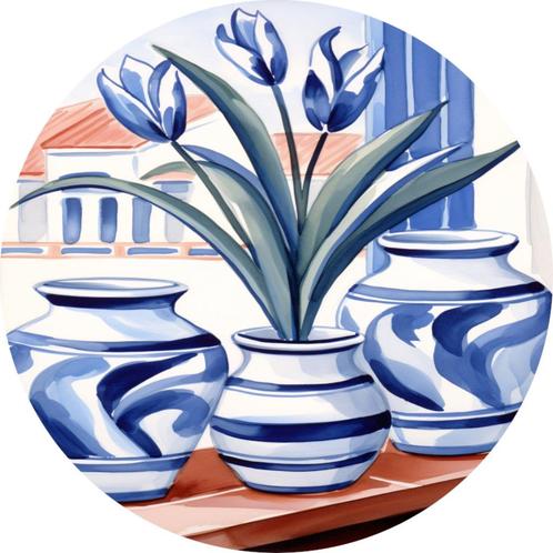 Elegante Blauwe Tulpen in Vazen Muurcirkel 60x60 Acrylglas +, Huis en Inrichting, Woonaccessoires | Schilderijen, Tekeningen en Foto's